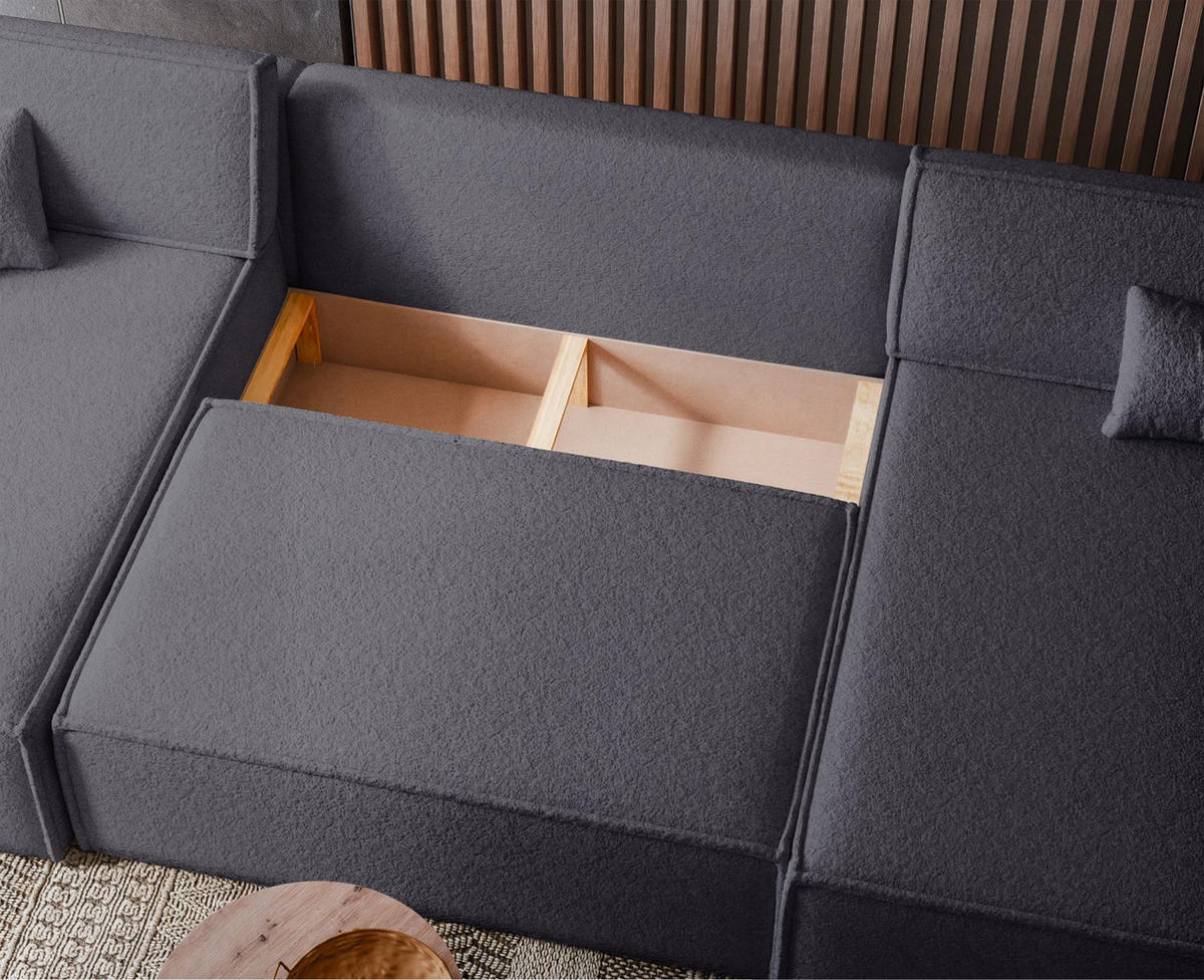 WOHNLANDSCHAFT Scarlo Dunkelgrau Bouclé-Bezug - Dunkelgrau/Schwarz, Kunststoff/Textil (312/83/145cm) - Selsey