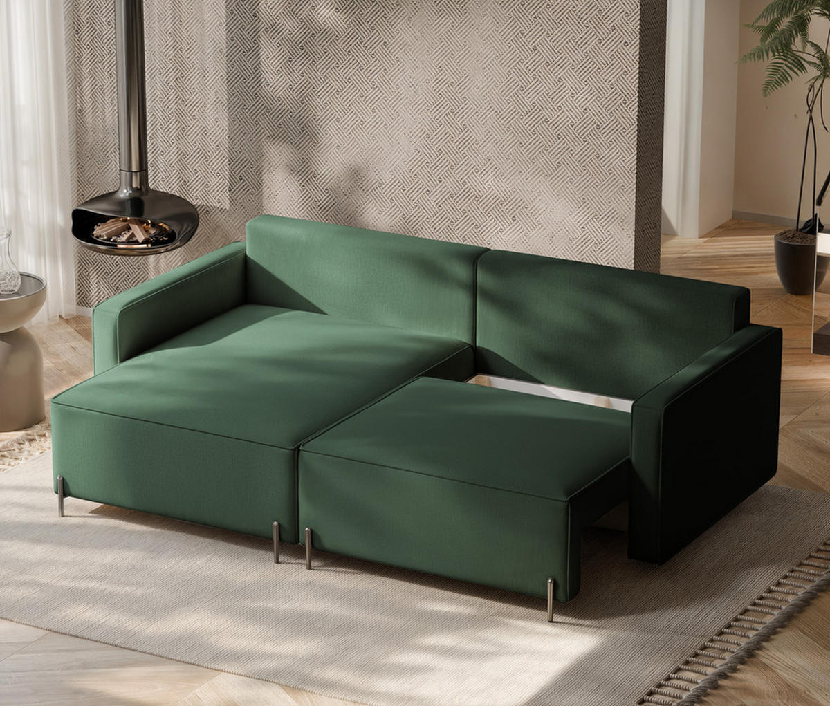 ECKSOFA LEO Links, mit Schlaffunktion und Bettkasten, Grün - Grün, Textil/Metall (229/148cm) - Idohome