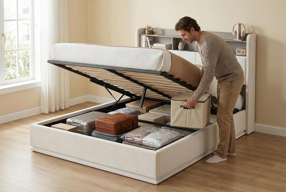 POLSTERBETT 140x200 cm mit Ladefunktion und Stauraum – Samt in Beige - Beige, Holz/Metall (140/200cm) - PARAFTA HOME