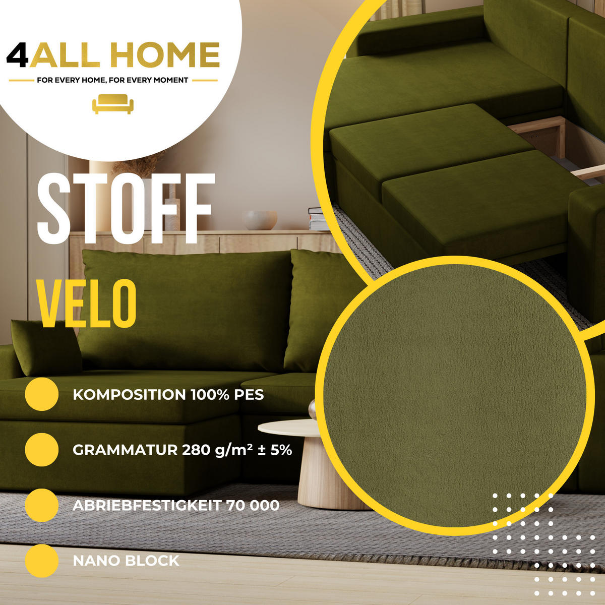 ECKSOFA Paco mit Bettkasten und Schlaffunktion, L-Form/XL-Form, Velourstoff, Universal - Olivgrün, Holzwerkstoff (276/145cm) - 4ALL HOME