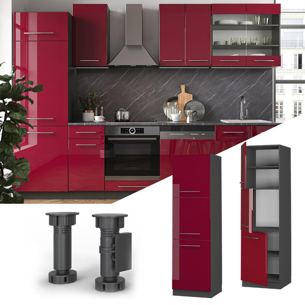 HERDUMBAUSCHRANK Fame-Line Bordeaux Hochglanz 60 cm - Bordeaux/Anthrazit, Holzwerkstoff (60/206.8/58cm) - Vicco
