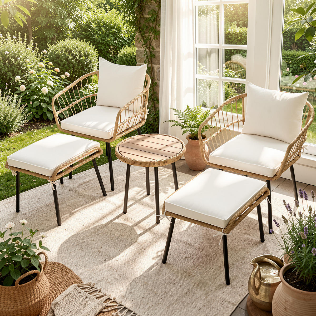 LOUNGEGARNITUR 5-tlg. Rattan Natur & Weiß Balkonmöbel mit Tisch, 2 Stühlen & 2 Hockern - Naturfarben, Textil - Urban Meuble