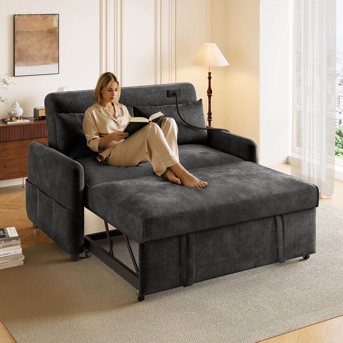DOPPELSCHLAFSOFA 129x76x81 mit Rollen, USB, Chenille, grau - Grau, Textil (76/81/129cm) - Luhomfu