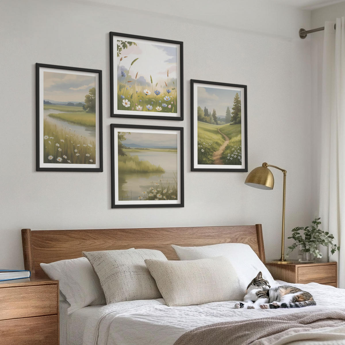 BILDER SET 4er Set - 50x50 cm & 40x60 cm Schwarzer Rahmen - Frühlingslandschaft Flusswiese - Schwarz, Kunststoff (50/50cm) - TULUP