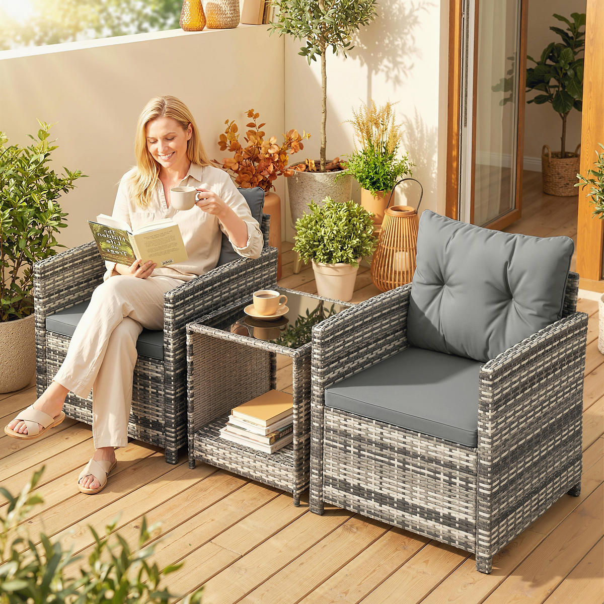 GARTENSITZGRUPPE 3tlg. DE-13716 mit 2 Sesseln & Tisch Hellgrau - Hellgrau, Metall - ComfortXL