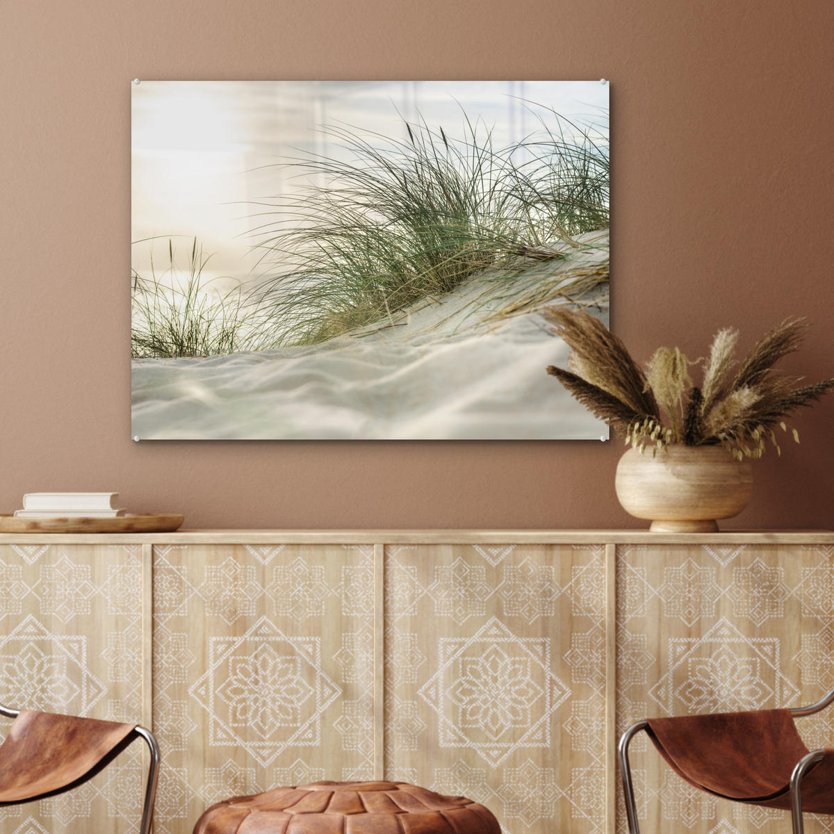OBRAZ NA AKRYLOVOM SKLE Duny s marramovou trávou pod slnkom nemeckého národného parku Schleswig-Holsteinisches Wattenmeer 80x60 cm - krémová, sklo (80/60cm) - MuchoWow