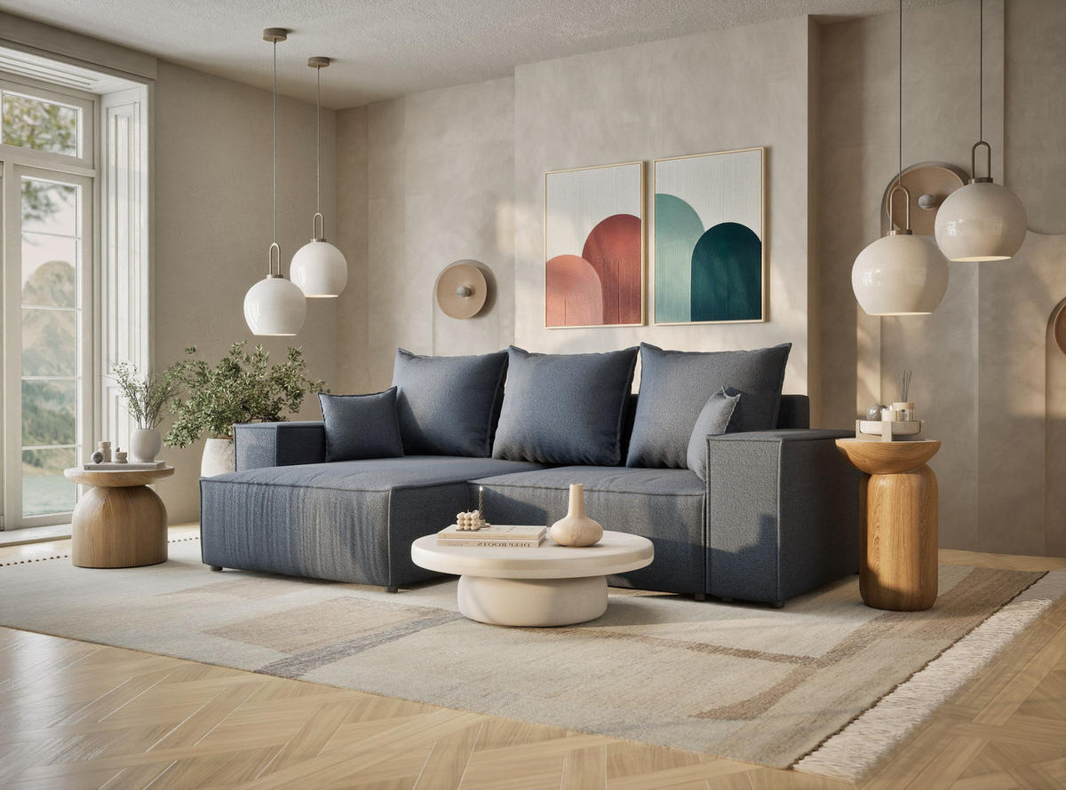 ECKSOFA MIT SCHLAFFUNKTION Moyo Blau Grau Webstoff - Blaugrau/Schwarz, Holz/Holzwerkstoff (255/148cm) - Maison de Reve