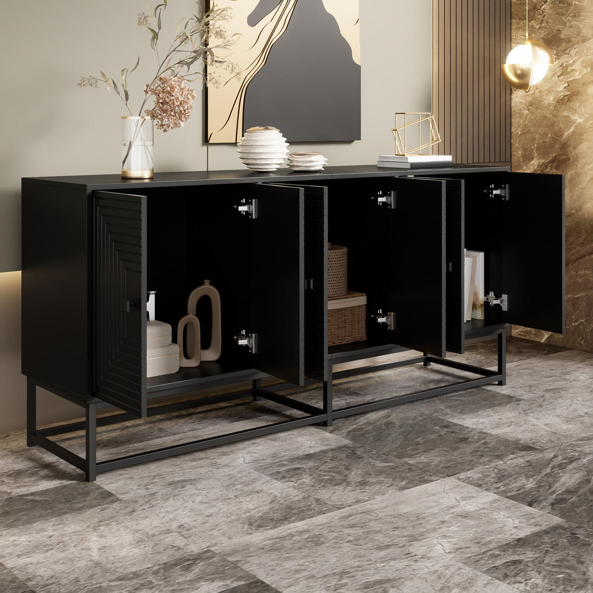 SIDEBOARD schwarz 3 Türen Stauraum - Schwarz, Holzwerkstoff (160/75.5/38cm) - Fortuna Lai
