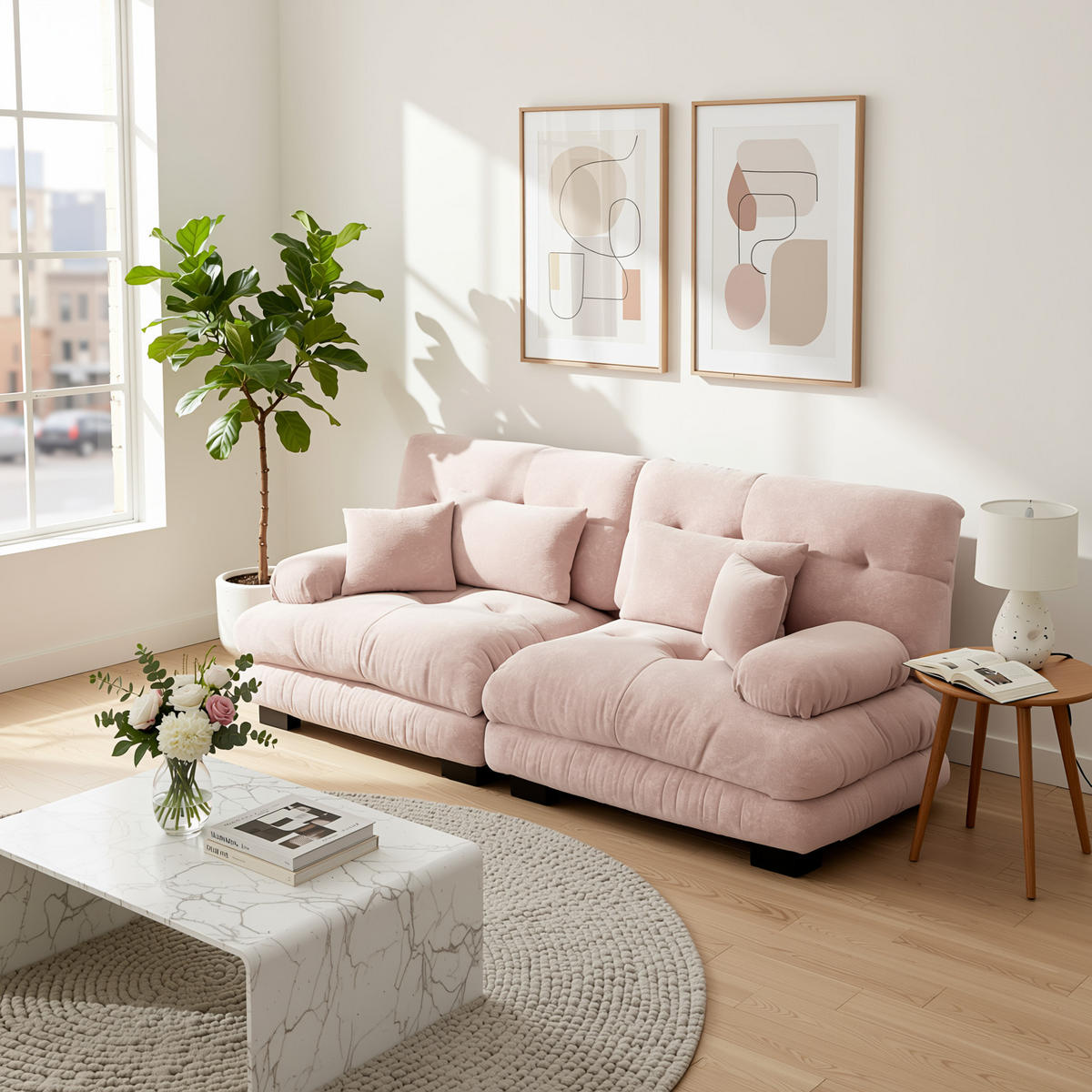 2-SITZER SOFA chenille rosa mit 4 kissen & modularem design - Pink, Textil (220/81/77cm) - Urban Meuble