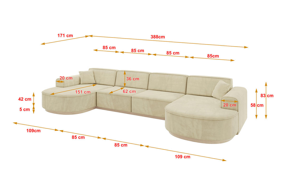 WOHNLANDSCHAFT MARI-U2-v1 - 388x171x83 cm Beige Velours - Beige, Holzwerkstoff/Textil (388/83/171cm) - ALTDECOR