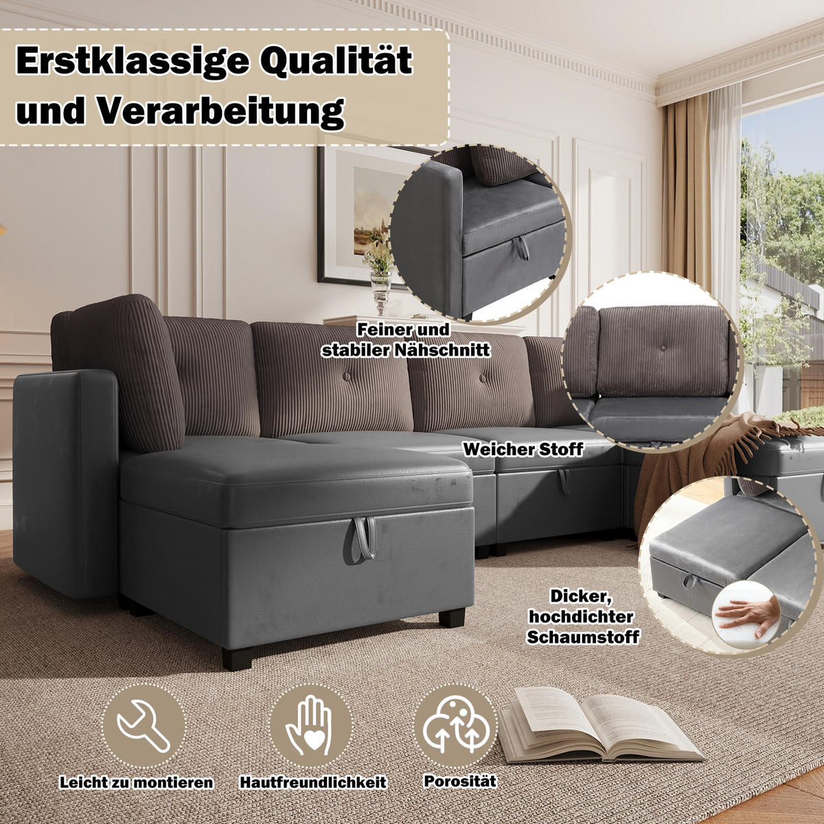 WOHNLANDSCHAFT 6-Sitzer Samt und Cord Antikgrau mit Stauraum - Grau, Holzwerkstoff/Kunststoff (261/85/132.5cm) - WISHDOR
