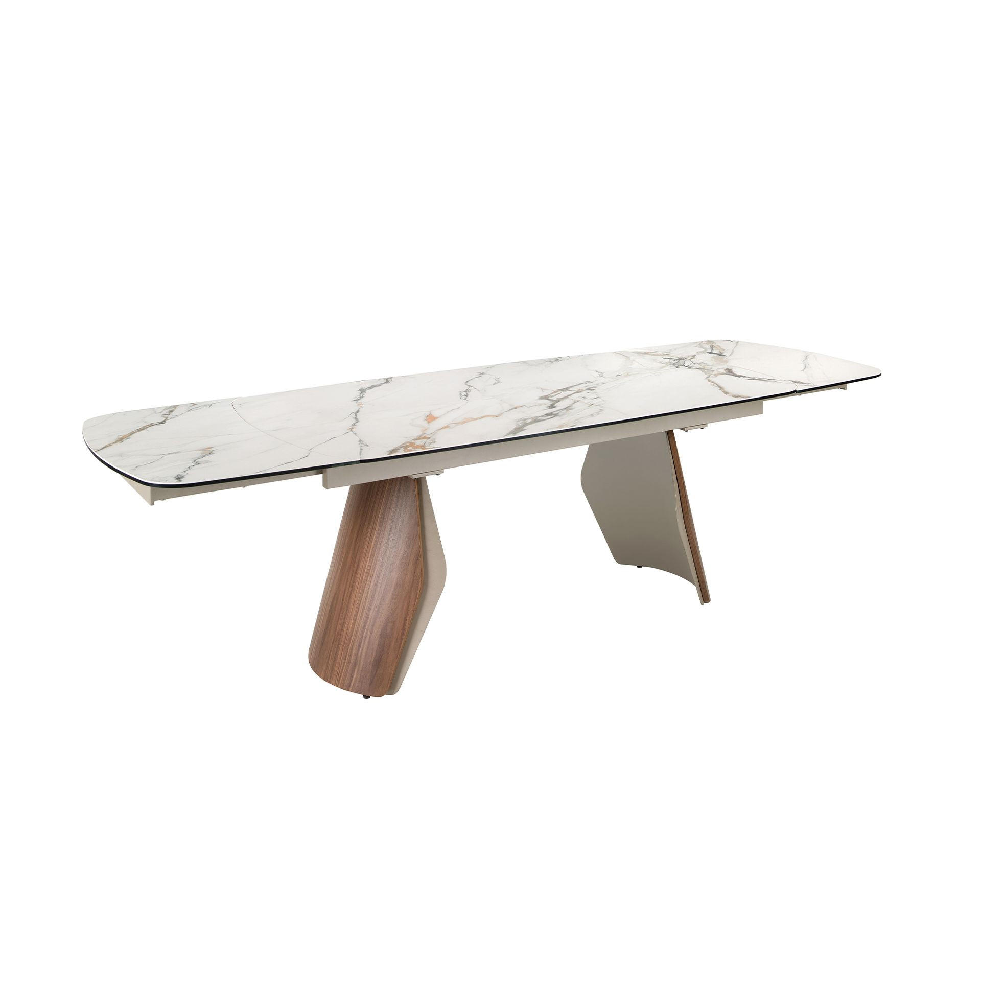ESSTISCH Ovaler ausziehbarer Esstisch in Fassform aus Porzellan-Marmor, metallisch sandfarbenem Stahl und Nussbaumholz Ø180/100/76 cm - Sandfarben/Walnussfarben, Stein/Metall (100/180/76cm) - ANGEL CERDA