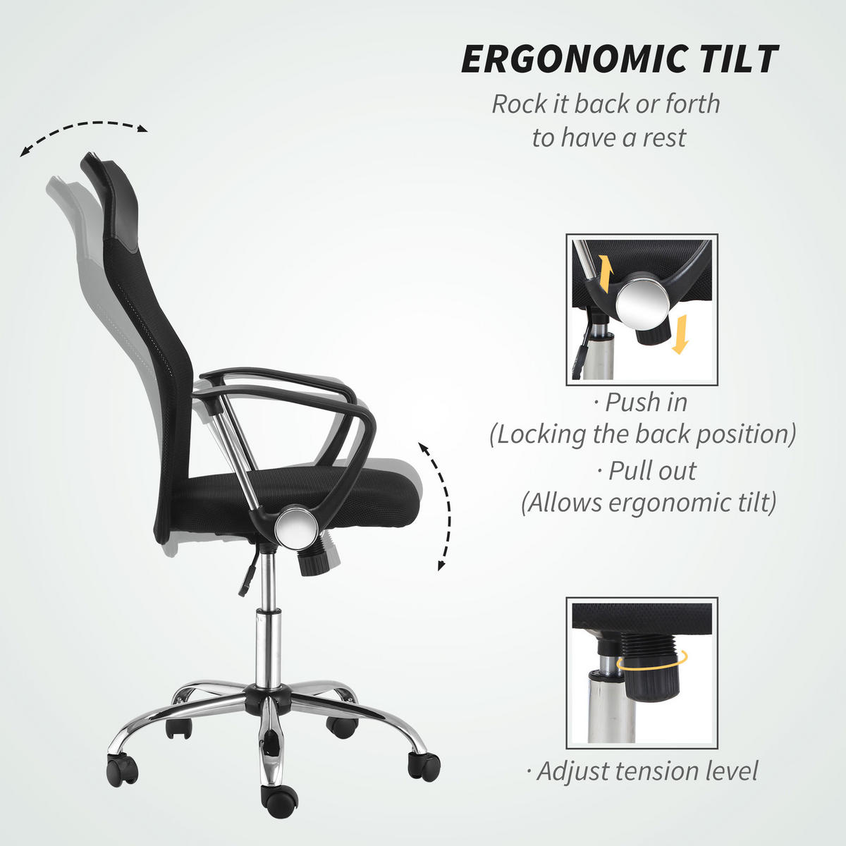 ERGONOMISCHER, Bürostuhl, Netz, Schwarz - Schwarz, Kunststoff (65/119/63cm) - HOMCOM