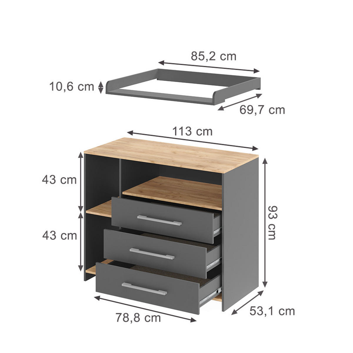 WICKELKOMMODE Oskar Anthrazit/Goldkraft Eiche 113 x 93 cm mit 3 Schubladen - Eichefarben/Anthrazit, Holzwerkstoff (113/93/53.1cm) - Vicco