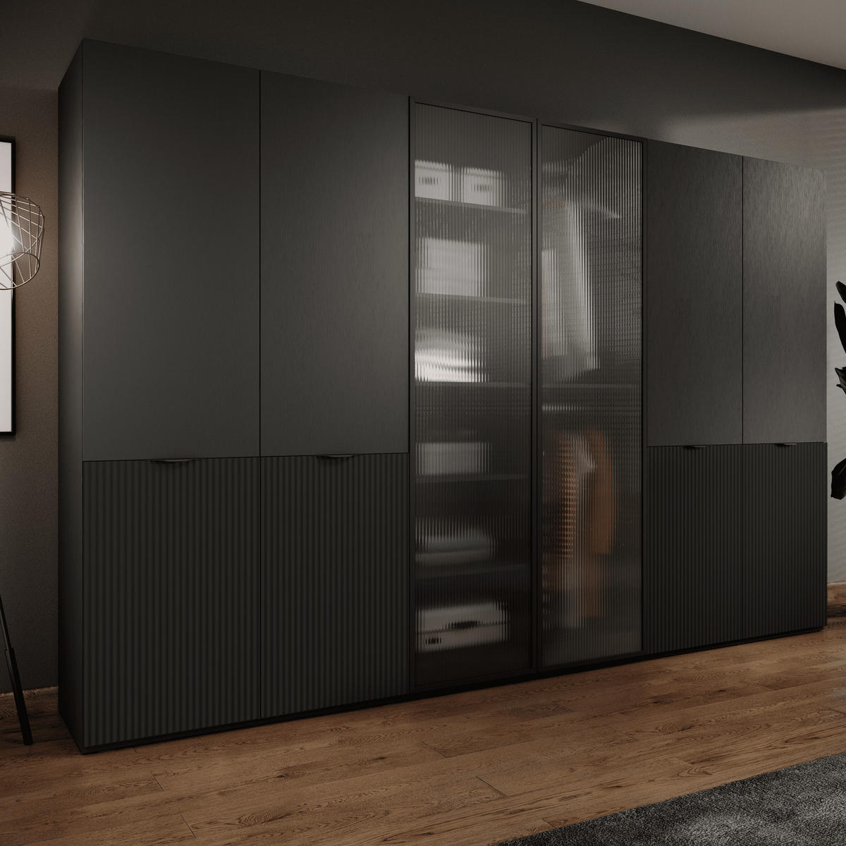 KLEIDERSCHRANK ZEN (Modular, Schwarz Matt, Schwarz & Geriffeltes Glas Flutes, 6-türig) - Schwarz, Holz/Holzwerkstoff (303/200/51cm) - Ravio
