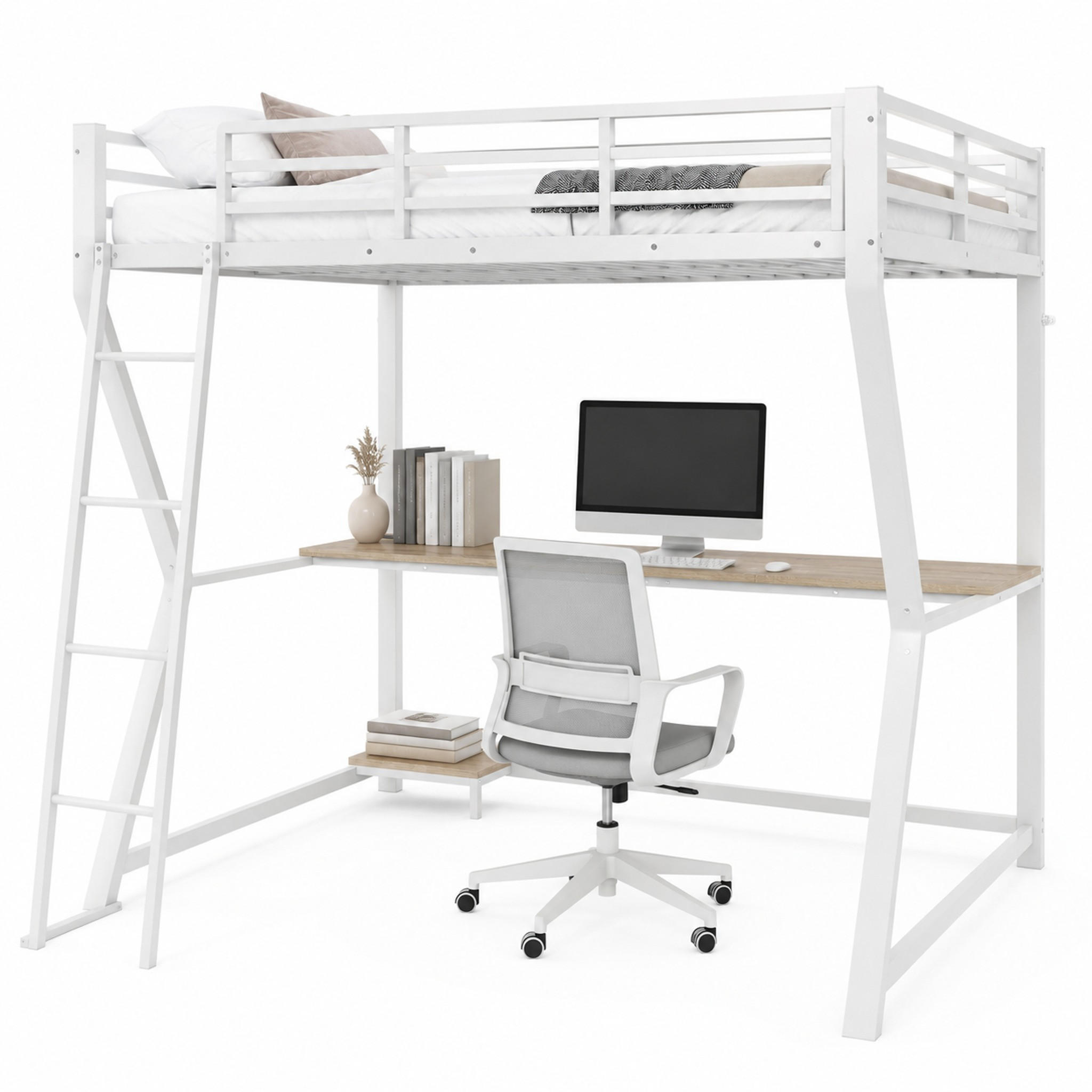 HOCHBETT mit Schreibtisch 140x200 cm Metall/MDF Weiß - Weiß, Metall (140/200cm) - Meubliv
