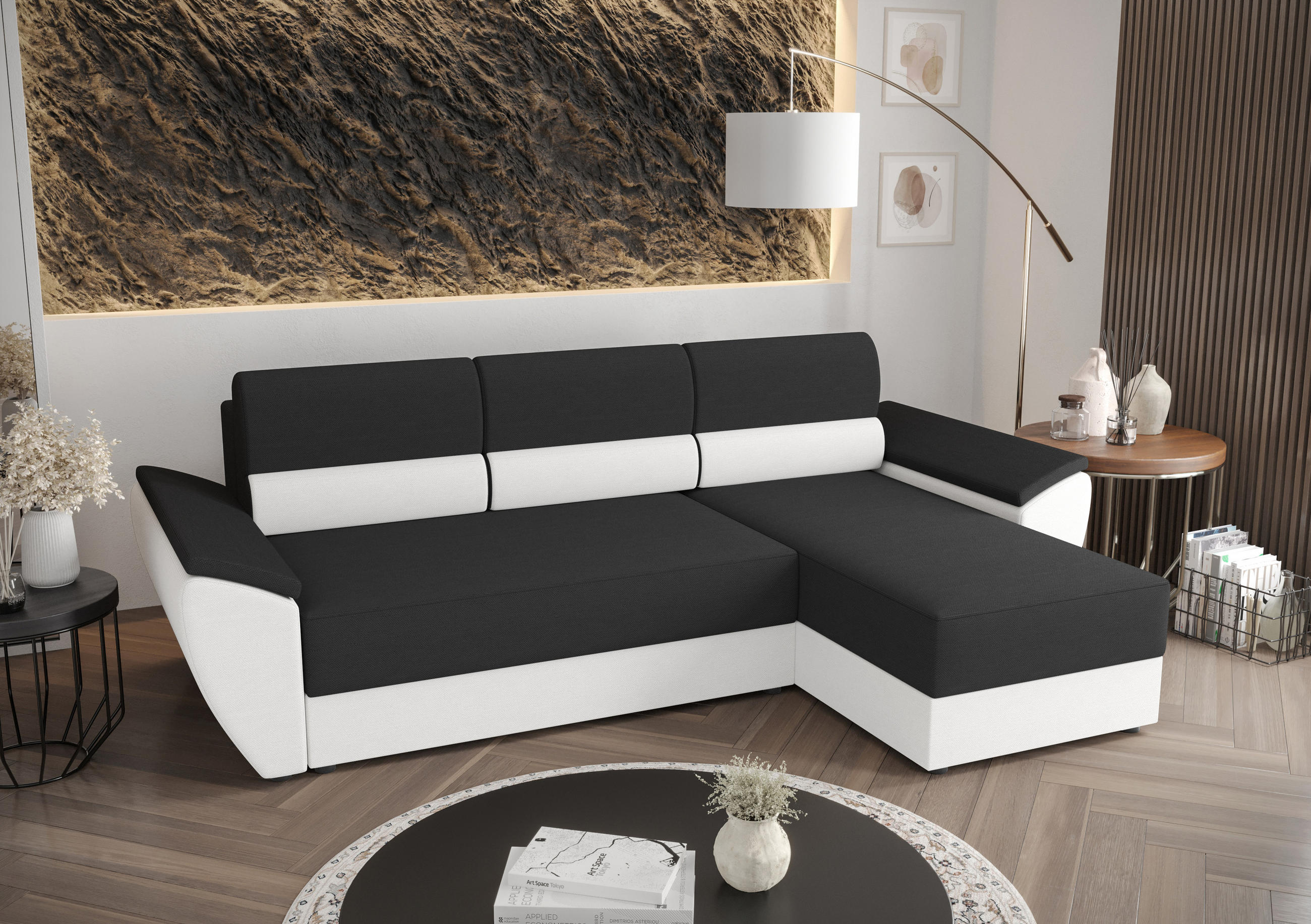 ECKSOFA L REBI L2 Rainbow 27/31 Rechts mit Schlaffunktion, Grau/Weiß, L-Form - Weiß/Grau, Textil (251/140cm)