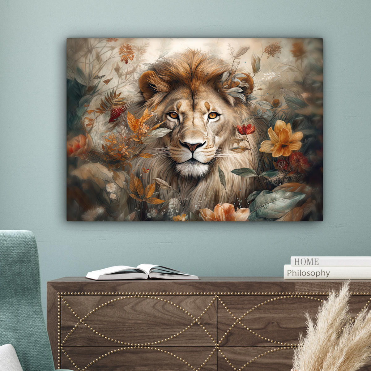LEINWANDBILD Löwe - Wildtiere - Pflanzen - Natur - Blumen Wandbilder 80x60 cm - Beige, Textil (80/60cm) - MuchoWow
