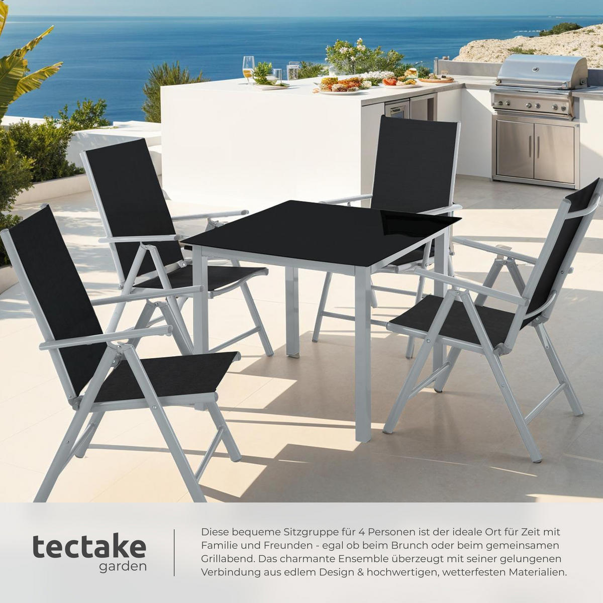 SITZGRUPPE Stabia,Tisch mit Sicherheitsglasplatte und Ausgleichsschrauben,silber - Silberfarben, Naturmaterialien/Kunststoff - tectake