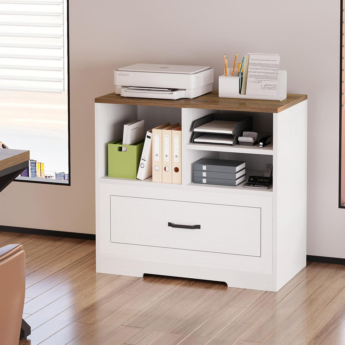 STAURAUMSCHRANK mit Schublade & Offenen Fächern INDUSTRIAL 83.8 x 40.0 x 72.5 cm - Weiß/Naturfarben, Holzwerkstoff/Metall (83.8/72.5/40cm) - Quality Elegance