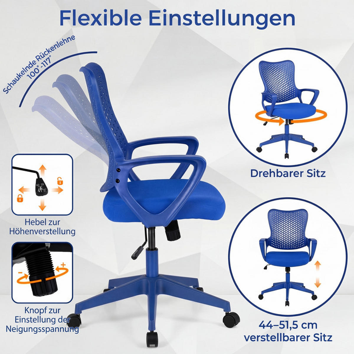 BÜROSTUHL atmungsaktiver Mesh-Rücken blau - Blau, Kunststoff (63.5/95.5/62cm) - COSTWAY