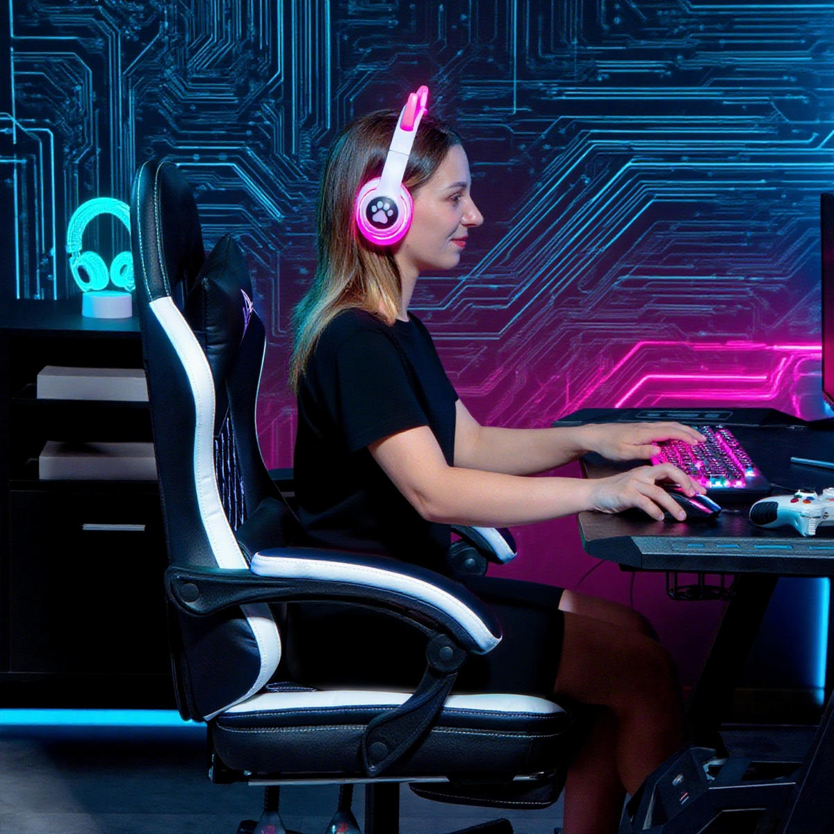 GAMING-STUHL Ergonomisch mit Lendenwirbelstütze, Fußstütze Grün - Schwarz, Kunststoff (64/128/65cm) - HOMCOM