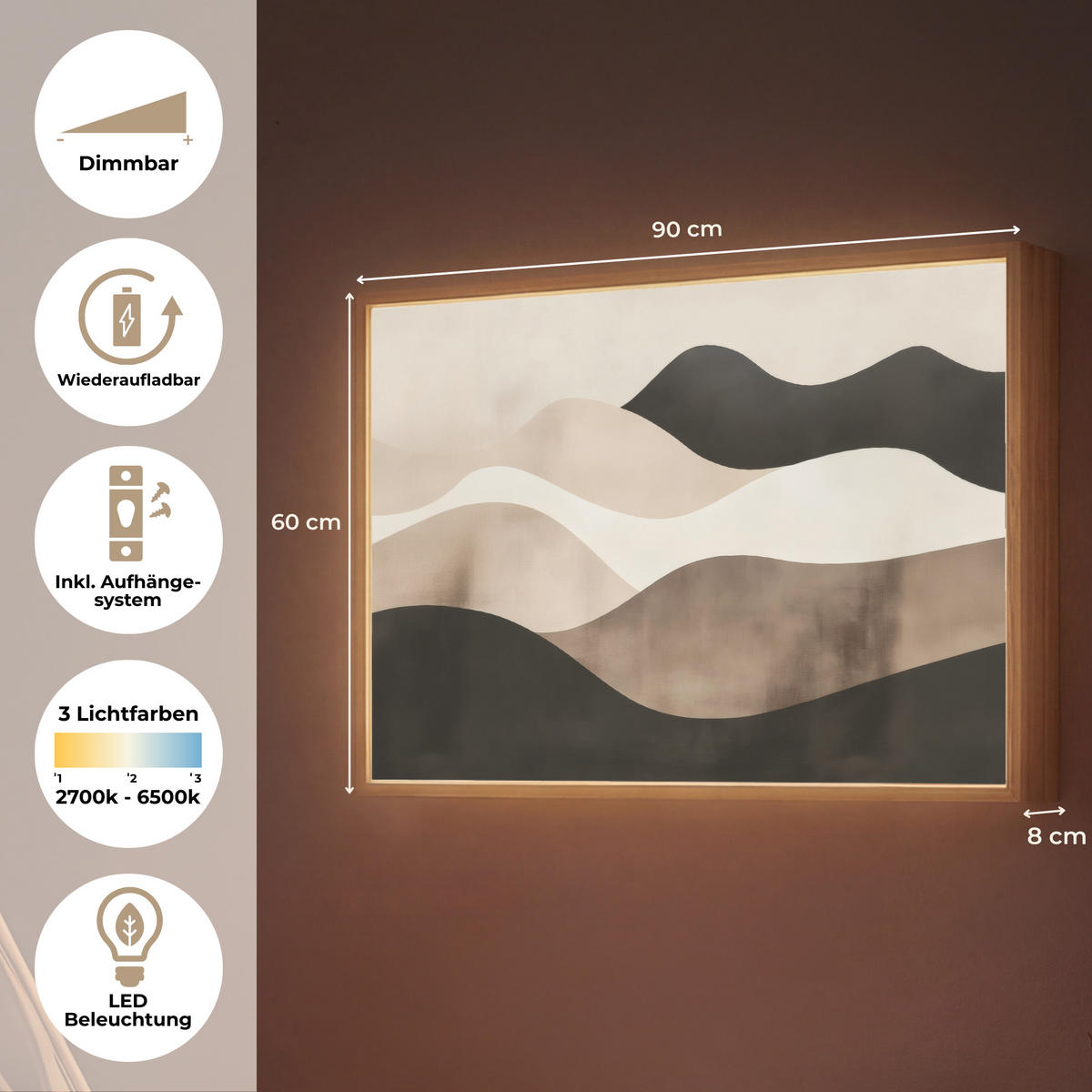 NÁSTĚNNÁ LAMPA S AKUMULÁTOREM Abstraktní - Krajina - Vlny - Krémová barva 90x60 cm - šedohnědá, kompozitní dřevo (90/60/8cm) - OnlyWow