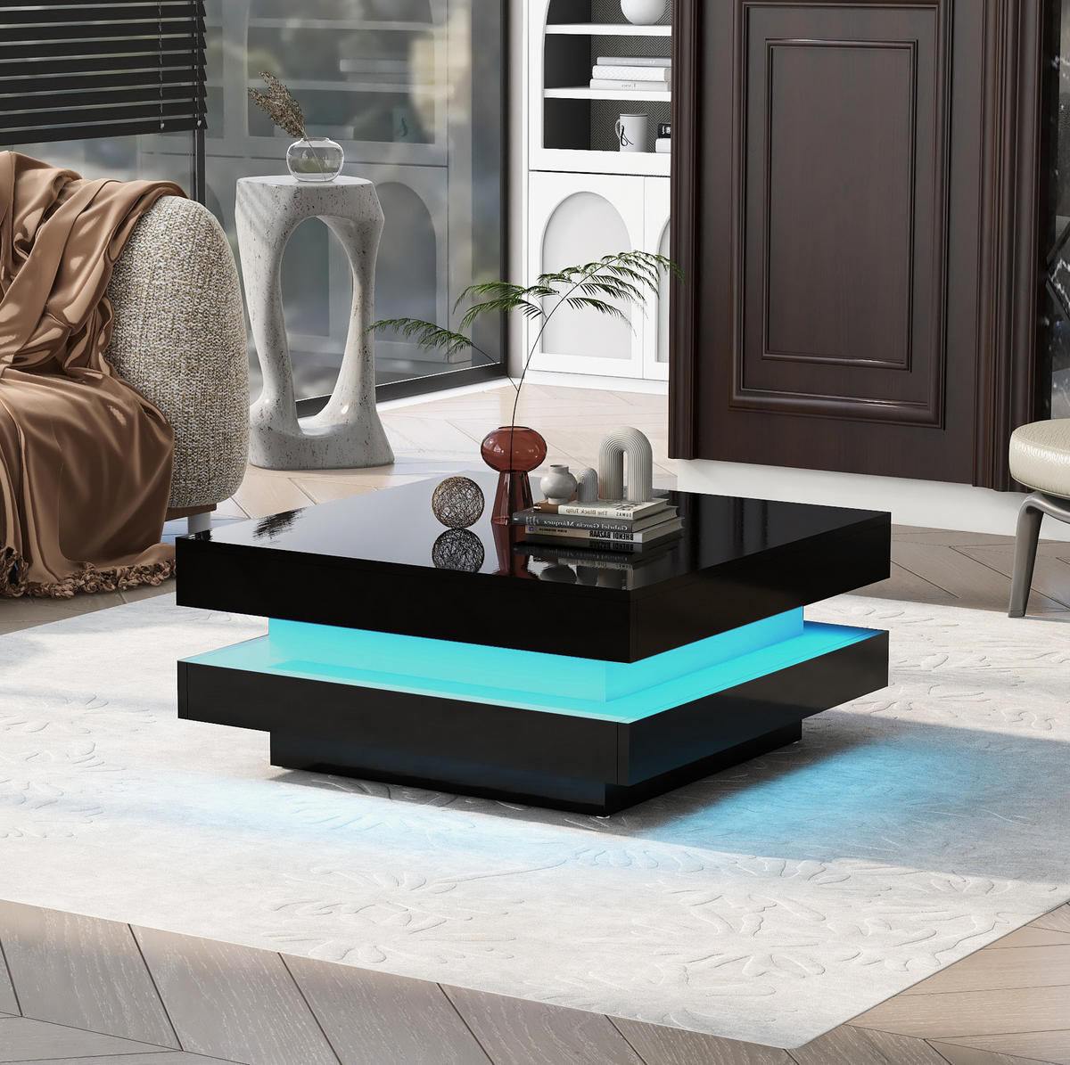 KONFERENČNÍ stolek z dřevotřísky 70x70x36 cm černý s LED osvětlením, Bluetooth ovládáním a vysokým leskem - černá, kompozitní dřevo (70/70/36cm) - Modfu
