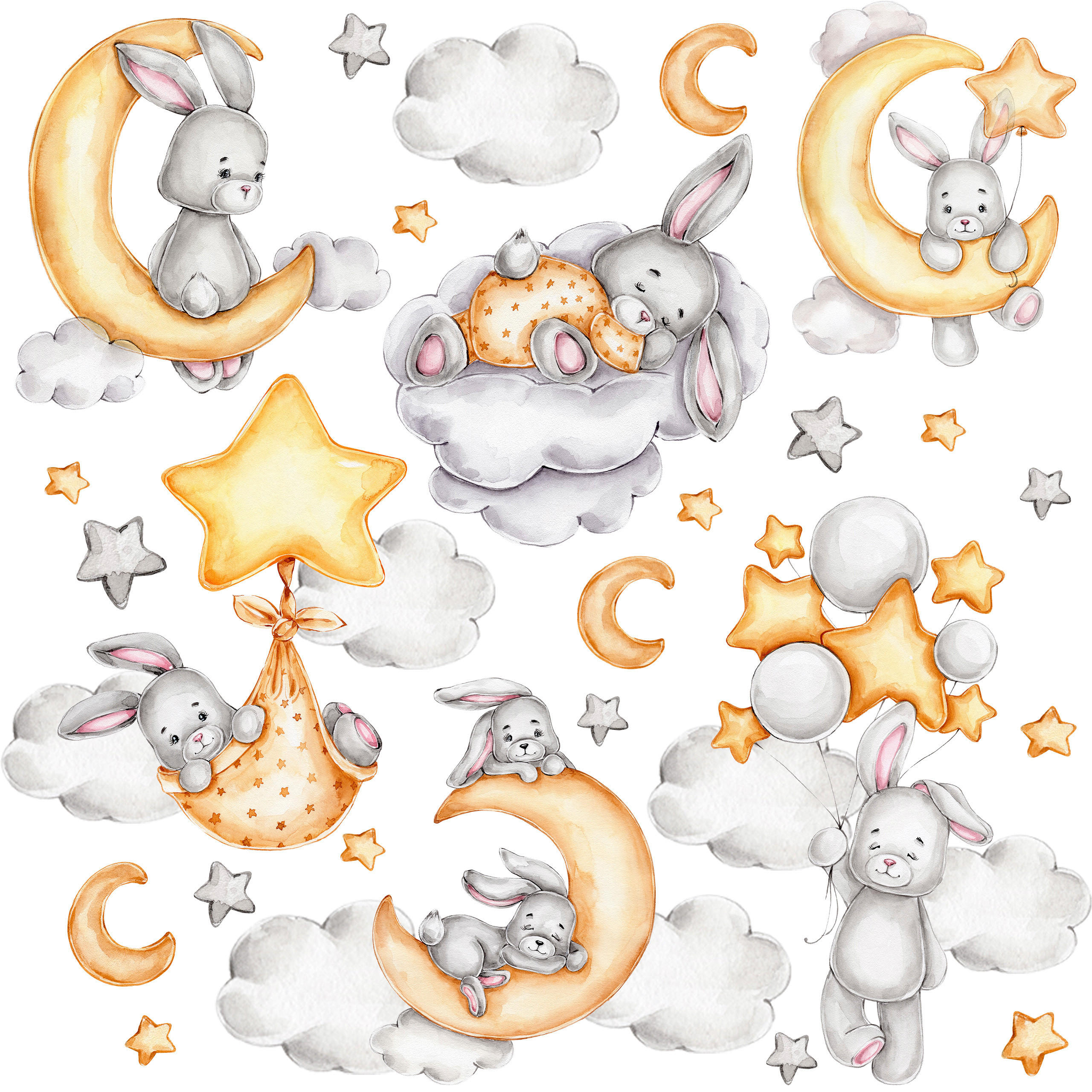 STICKER SET für Kinder Häschen Wolken Monde Sterne 120x60 - Gelb/Beige, Papier (120/60/1cm) - Muralo