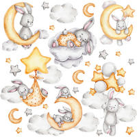 STICKER SET für Kinder Häschen Wolken Monde Sterne 60x30 - Gelb/Beige, Papier (60/30/1cm) - Muralo