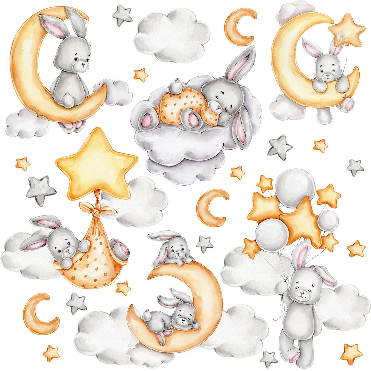 STICKER SET für Kinder Häschen Wolken Monde Sterne 60x30 - Gelb/Beige, Papier (60/30/1cm) - Muralo
