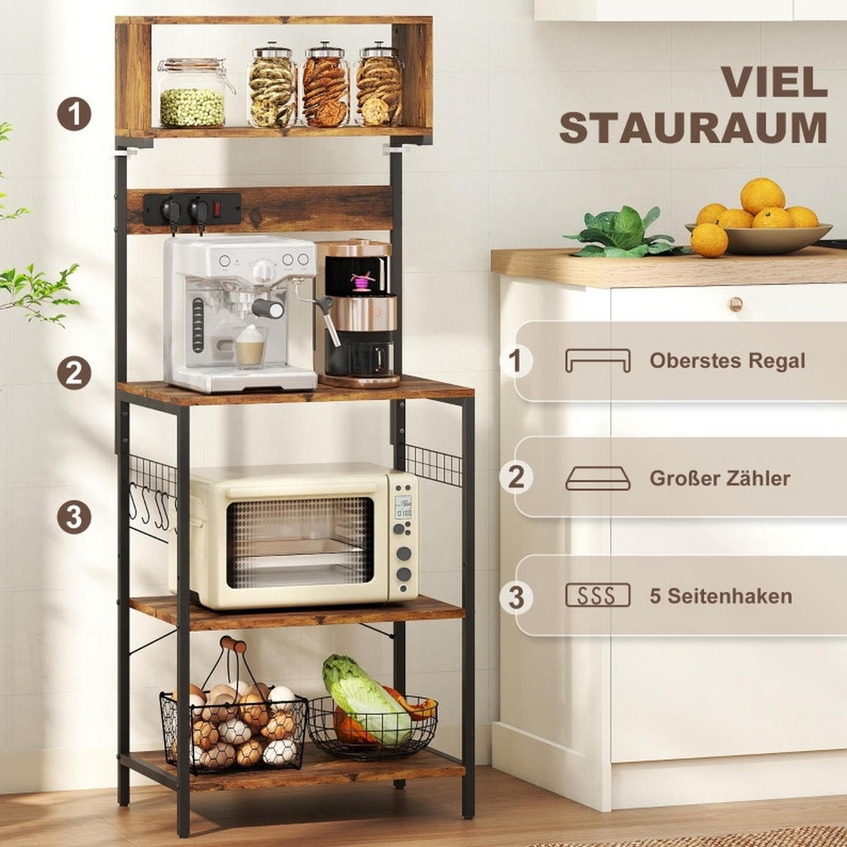 KUECHENREGAL mit Steckdosen 60 x 42 x 153 cm Rustic Brown - Braun, Holz (42/153/60cm) - Beauniv