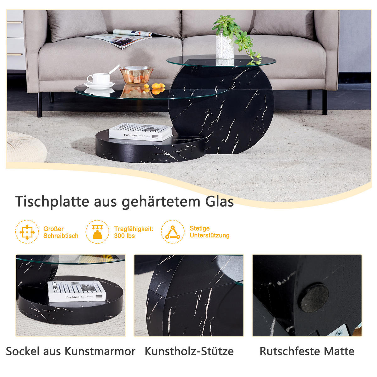 COUCHTISCH in Schwarz Wohnzimmertisch mit zwei Ebenen aus Sicherheitsglas für Wohnzimmer, B90/T70/H44 cm - Transparent/Schwarz, Glas/Holzwerkstoff (89.9/89.9/43.2cm) - STILVORA