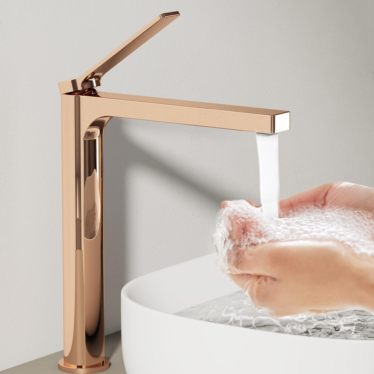 WASCHTISCHARMATUR mit Zertifiziertem Filterelement Rosengold Hoher Stil - Roségold, Metall (23.3/4.6/33.5cm) - EMKE