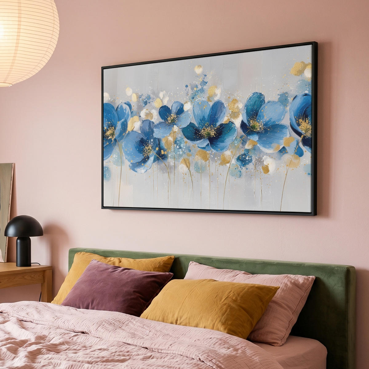 LEINWAND Bilder mit Rahmen - Blumen - Blau - Abstrakt - 150x100 - Hellgrau, Textil (150/100cm) - MuchoWow