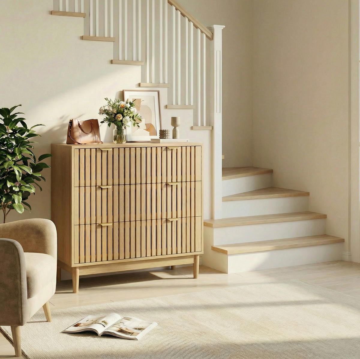 KOMMODE aus MDF und Spanplatte 80x39x80 cm Eichefarben mit 3 Schubladen und Lamellenfront - Nussbaumfarben, Holzwerkstoff (80/80/39cm) - Modfu