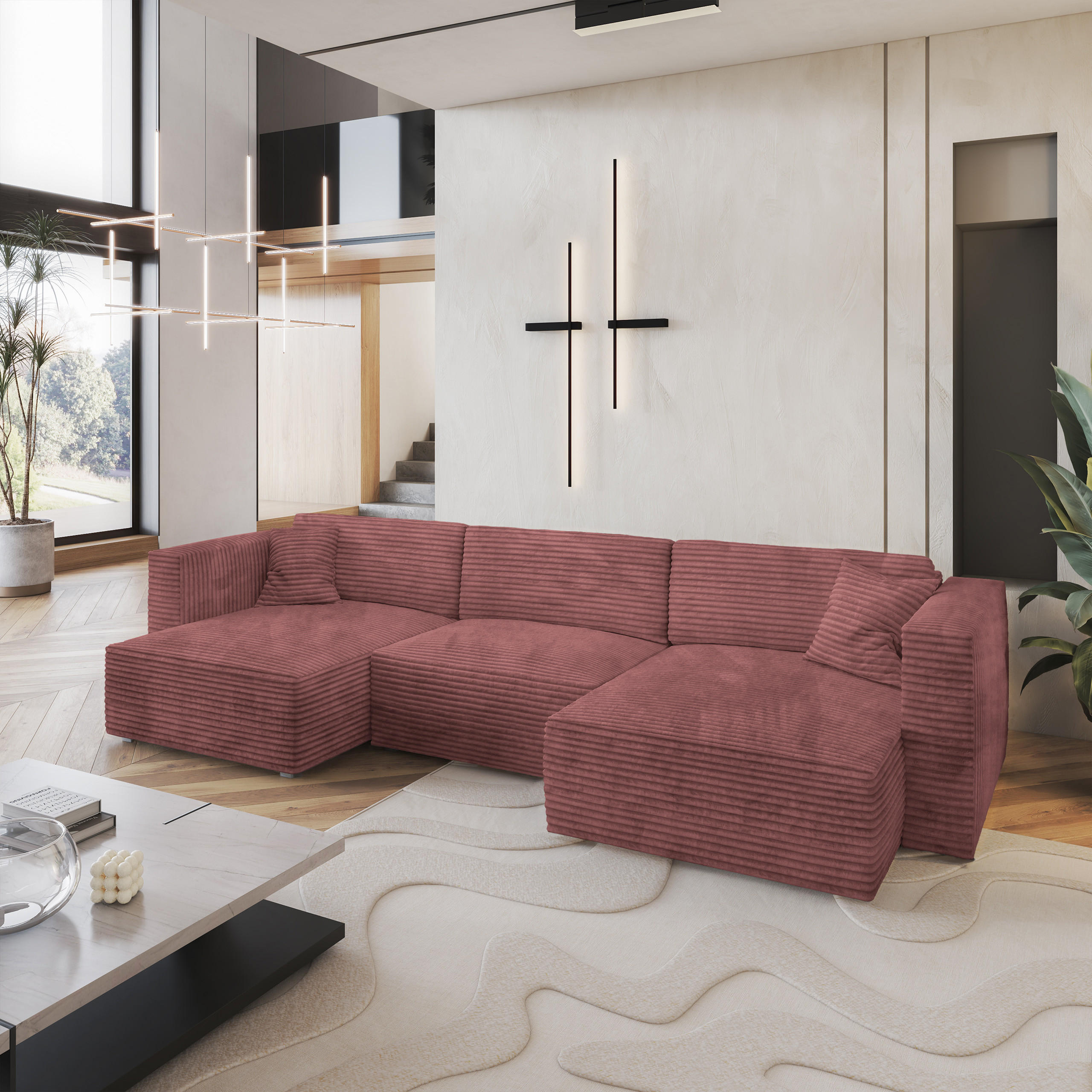 WOHNLANDSCHAFT SARMO Rosa Kordstoff mit Schlaffunktion - Rosa, Holz (347/90/148cm) - MASSENO