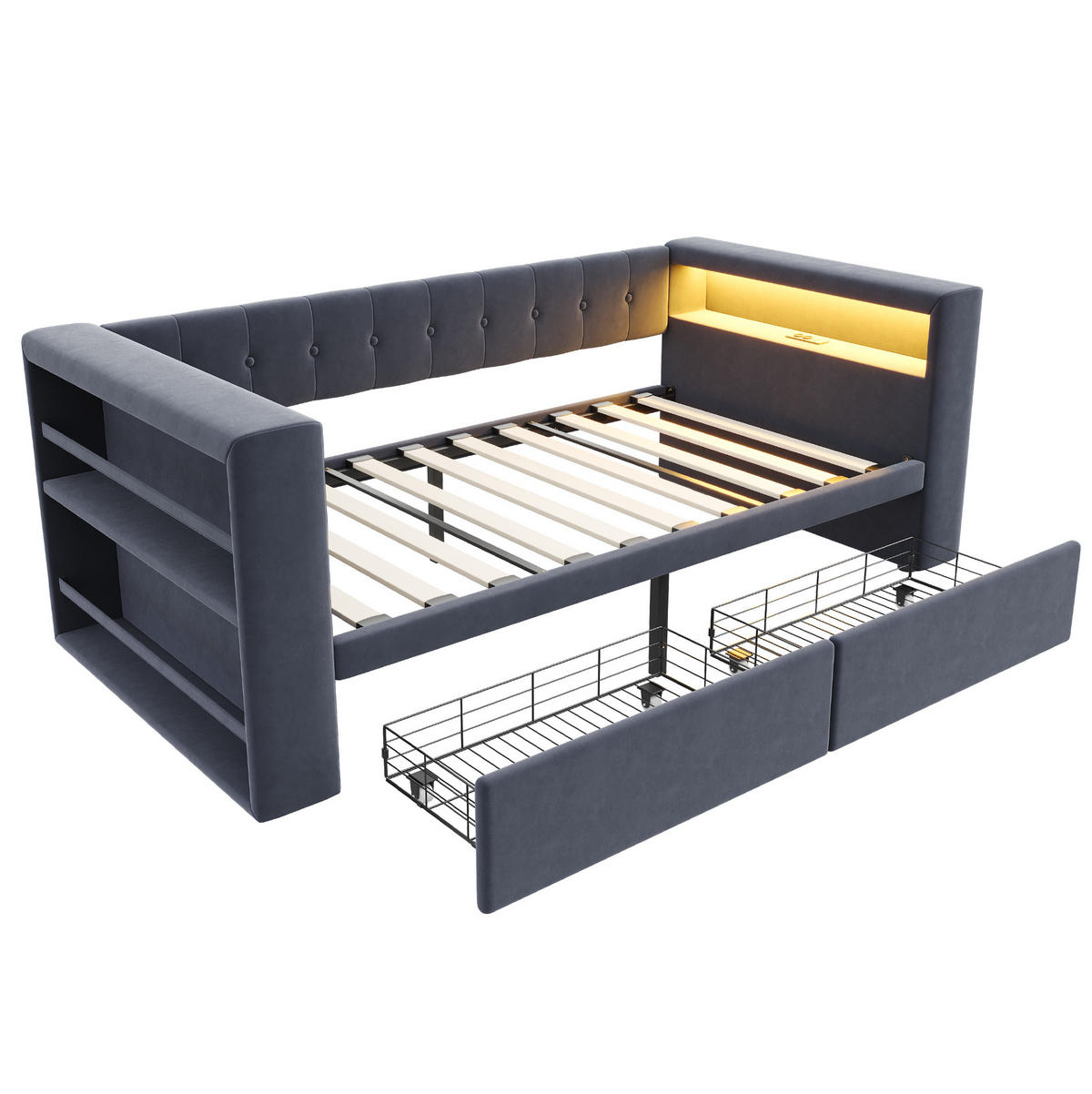 SCHLAFSOFA aus Flanellstoff 90x190 cm Dunkelgrau mit LED-Beleuchtung, Steckdose und Schubladen - Dunkelgrau, Textil (90/190cm) - IVMEU