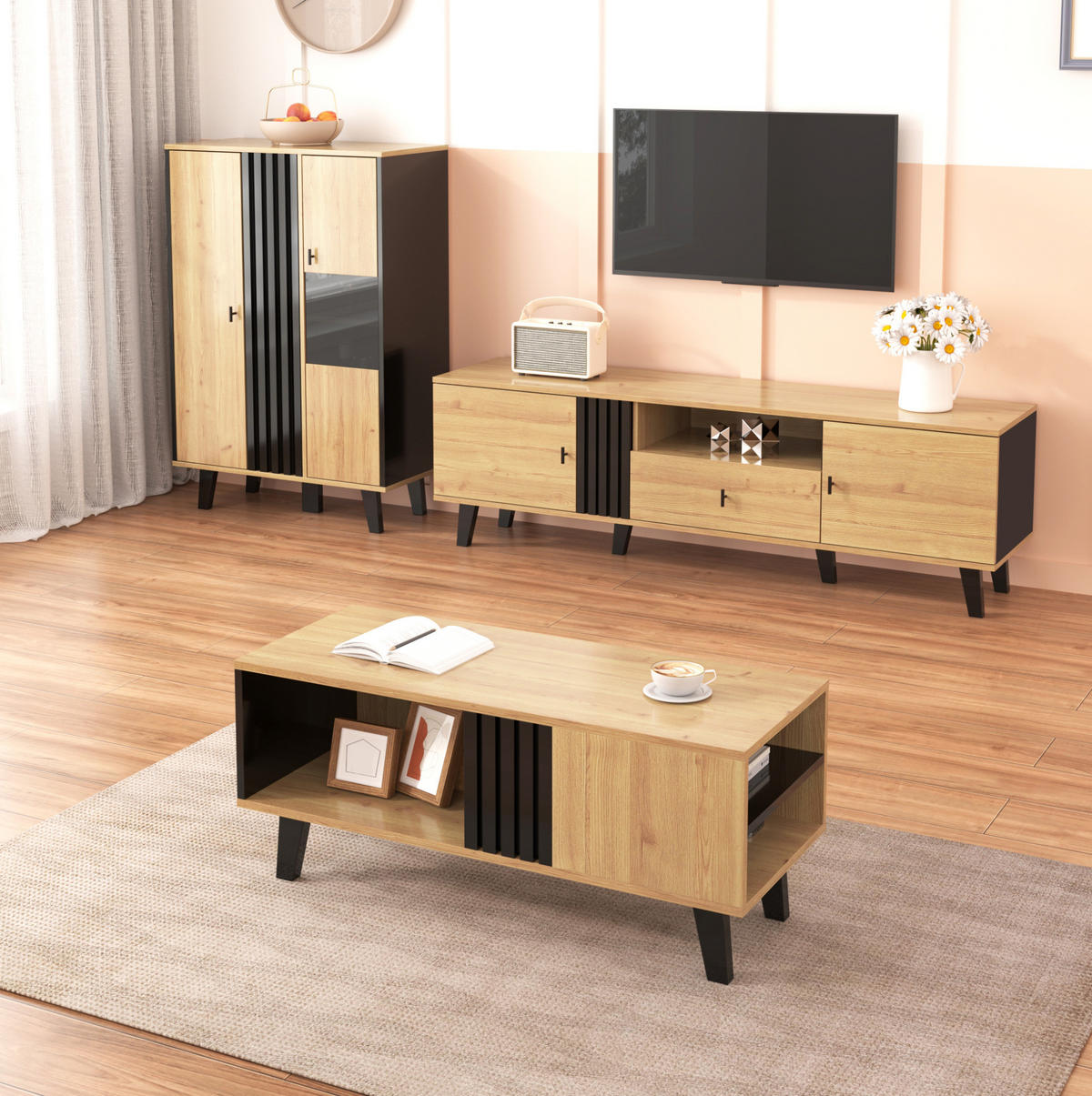 TV-SCHRANK mit Holz- und Schwarzdesign 170/40/50.5 cm - Naturfarben, Holzwerkstoff (170/50.5/40cm) - Redom