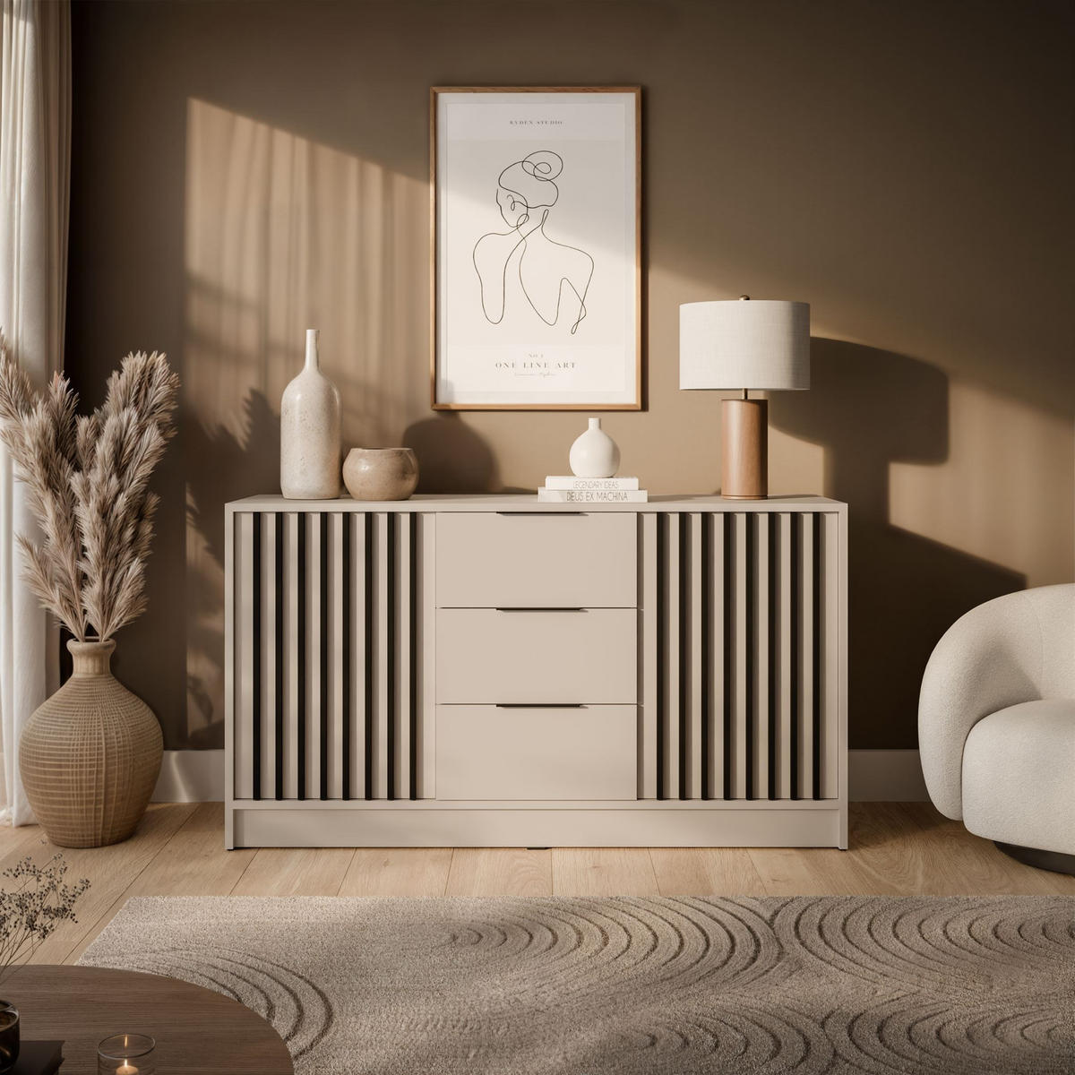 KOMMODE NELA, zweitürig mit Lamellen, Kaschmir/Schwarz - Kaschmir, Holzwerkstoff (155/86/45cm) - Lookway