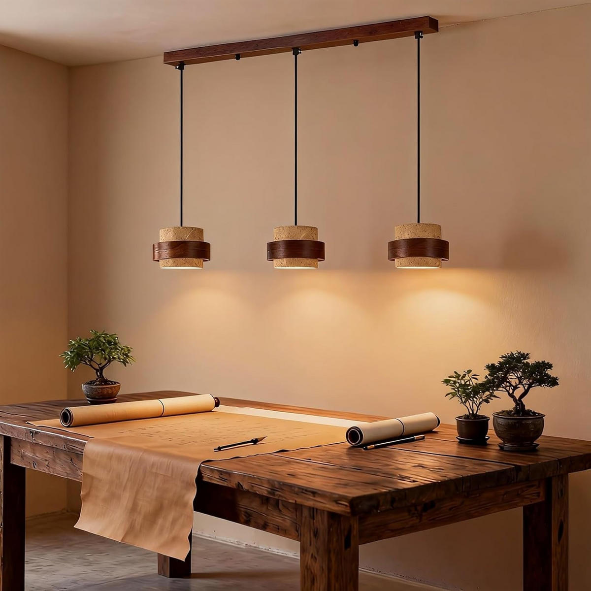 PENDELLEUCHTE Travertin Gelb & Holz, Wabi Sabi Stil - Gelb, Naturmaterialien (170/80/20cm) - Weltevree