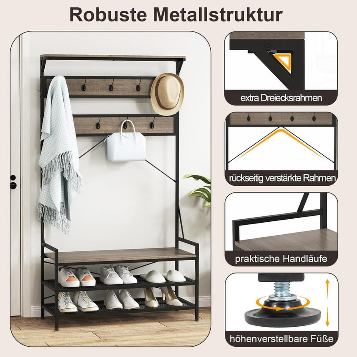 GARDEROBENSTÄNDER mit Schuhablage grau - Grau, Holzwerkstoff (102/184/40cm) - COSTWAY
