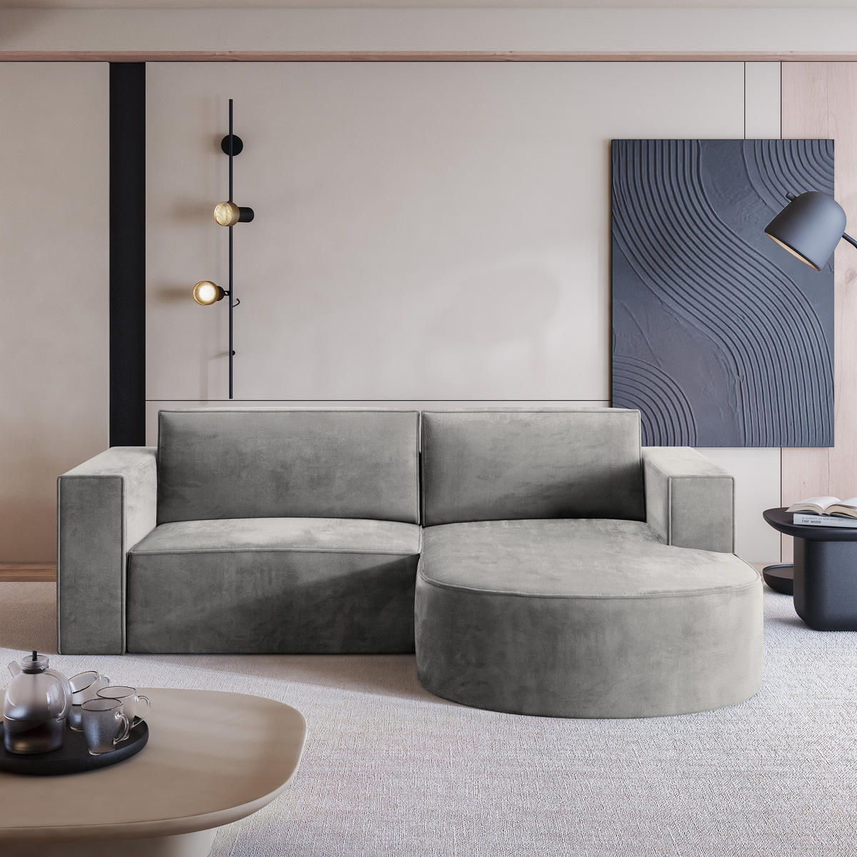 ECKSOFA SORELA M R-S Hellgrau Velours-Stoff mit Schlaffunktion - Hellgrau, Holz (263/174cm) - MASSENO