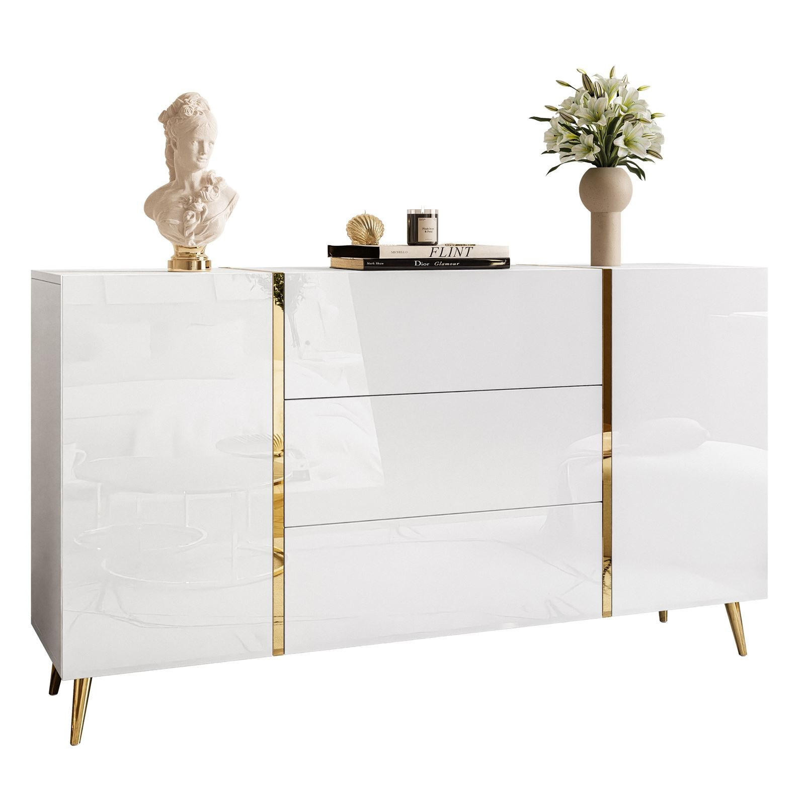 SIDEBOARD MIT SCHUBLADEN ONYX AUF GOLDENEN BEINEN HOCHGLANZ 158 CM PUSH OPEN - Weiß, Holzwerkstoff (158/88/41.3cm) - Lookway