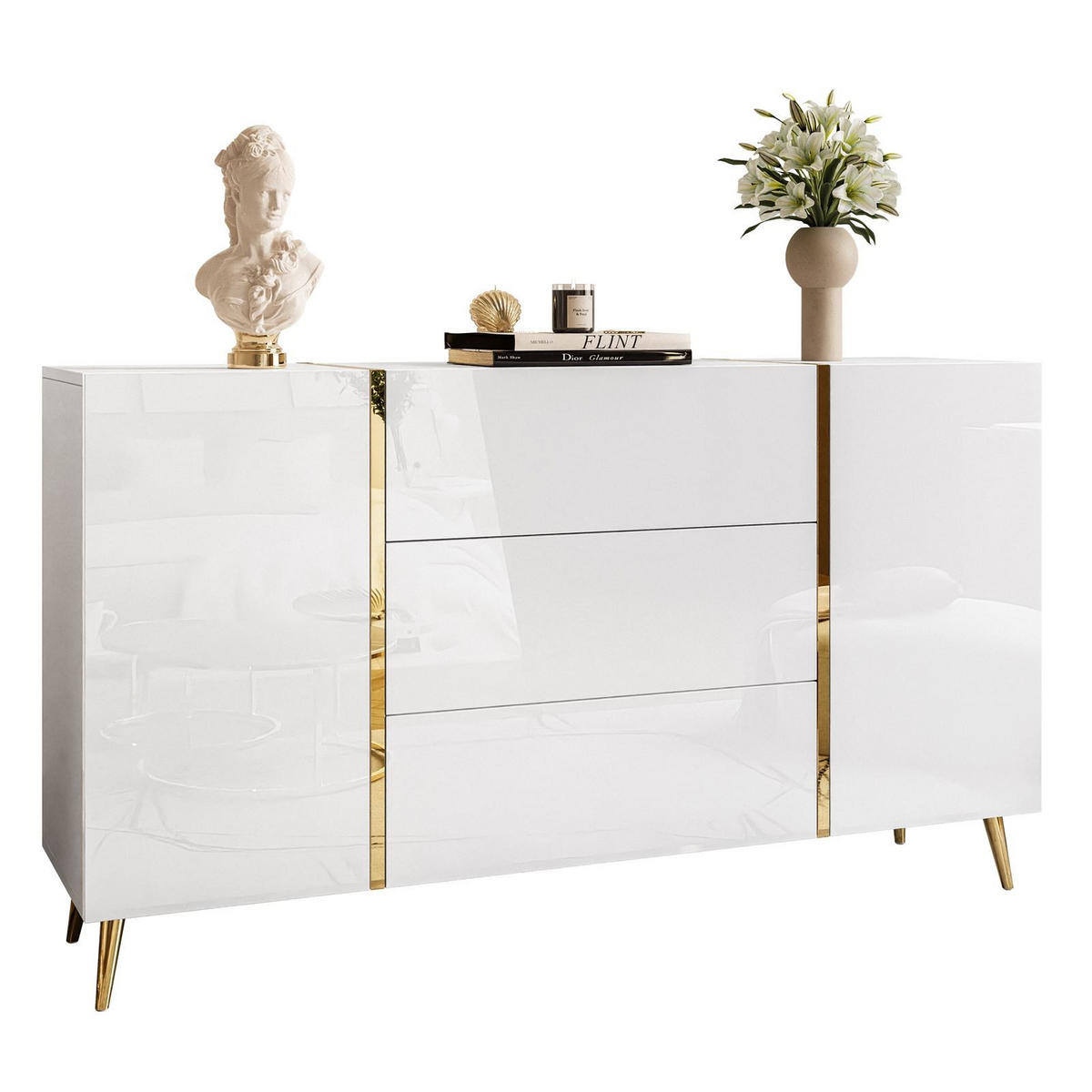 SIDEBOARD MIT SCHUBLADEN ONYX AUF GOLDENEN BEINEN HOCHGLANZ 158 CM PUSH OPEN - Weiß, Holzwerkstoff (158/88/41.3cm) - Lookway