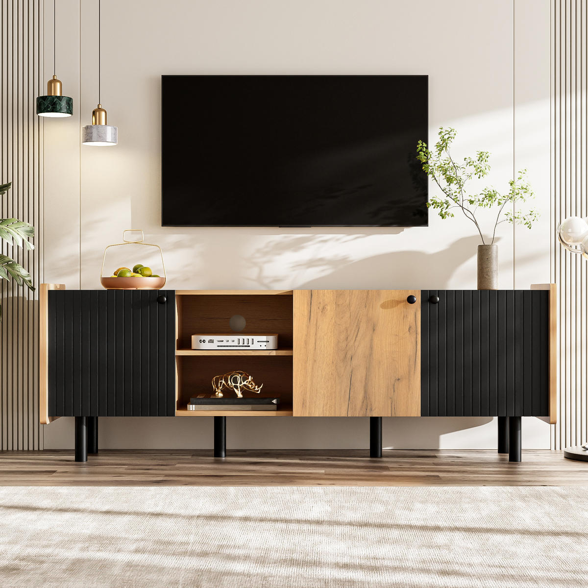 TV SCHRANK mit Drei Türen und Zwei Offenen Fächern - Schwarz/Braun, Holzwerkstoff (38/57/160cm) - Urban Meuble