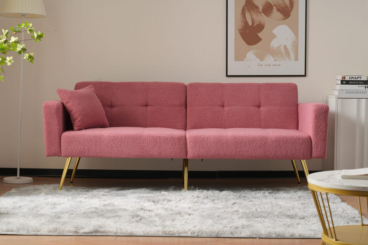 SCHLAFSOFA mit Bettfunktion Lammwollstoff und goldenen Beinen Pink 175/64/72 cm - Rosa, Kunststoff (175/72/64cm) - OKWISH