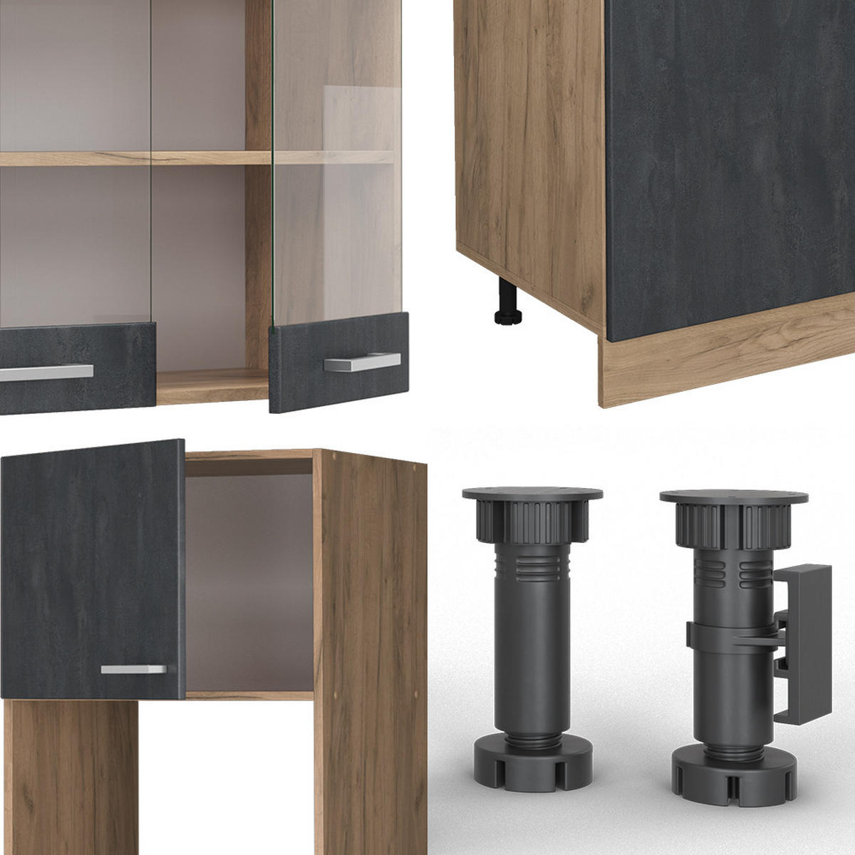 KÜCHENZEILE R-Line Schwarz Beton/Goldkraft Eiche 300 cm AP Marmor - Eiche Wotan/Schwarz, Holzwerkstoff (300/81.6/60cm) - Vicco