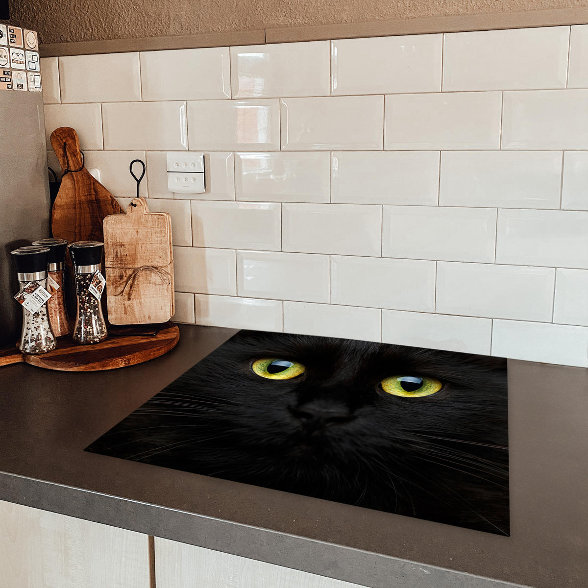 HERDABDECKPLATTE Katze - Augen - Gelb - Schwarz Herdabdeckung Induktionsfeld 60x52 cm - Schwarz, Kunststoff (60/52/0.2cm) - MuchoWow