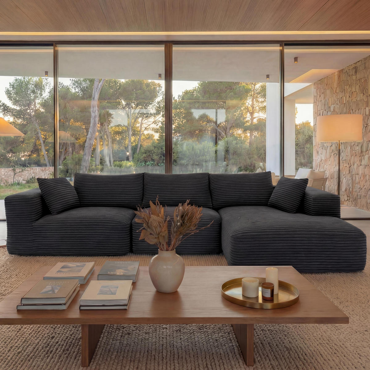 SOFA SET Tmavě šedá - tmavě šedá, textil (276/58/154cm) - MCW
